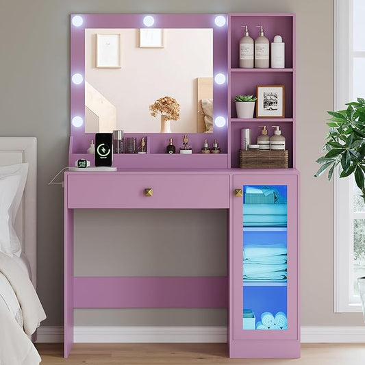 Vanity Desk with Mirror and Lights, Small Makeup Vanity Table with RGB Storage Cabinet & Power Strips & Shelves, 3 Lighting Modes & Adjustable Brightness, Dressing Table for Women Girl Bedroom, Purple