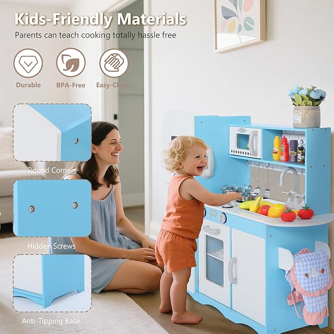 Kinder King Wooden Kids Play Kitchen, Toy Kitchen Playset for Toddler, Pretend Oven, Microwave, Telephone, Chalkboard, Interactive Doors, Knobs, Realistic Kitchen Sets for Boys Girls Age 3+, Blue