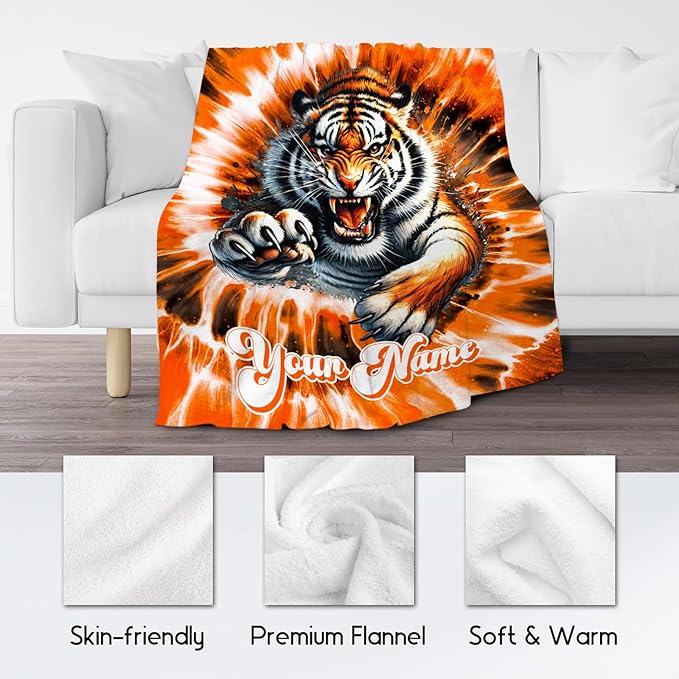 UNIKITTY Personalized Kids Blanket, Tiger Blanket Gifts for Girls Boys, Custom Gifts with Name, Fleece Throws with Tie Dye Print for Room Decor (4 Sizes)