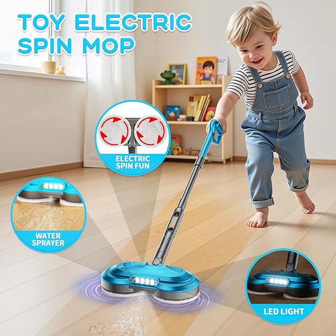 Kids Toy Electric Spin Mop, Rechargeable Cordless Electric Mop W/ Water Sprayer & LED Headlight for Children Ages 3 4 5 6+ Boys & Girls, Cleaning Toy for Pretend Play (Blue)
