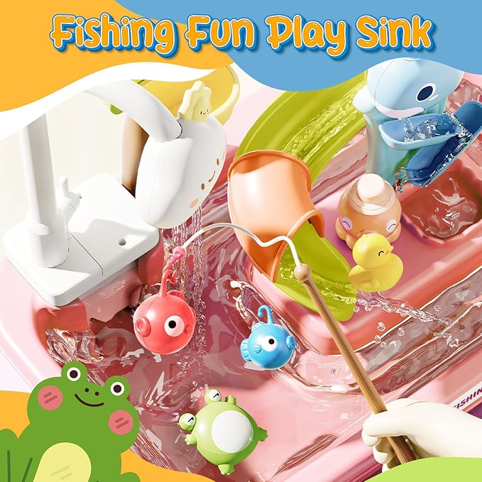 Play Sink with Running Water, 4-in-1 Kids Kitchen Sink Toys with Electric Faucet, Water Table Floating Pool Toy w/Fishing Game, Duck Slide, Pretend Play Dishwasher Set for Toddler Boys Girls (Pink)
