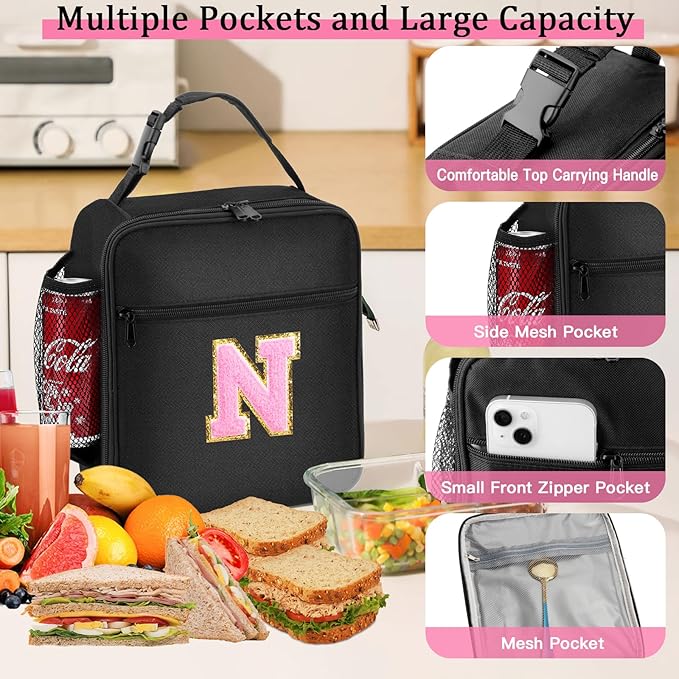 Initial Insulated Lunch Bag, Lunch Box with Initial Letter Patch for Teen Adult, Reusable Lunch Bag for Men Women, Ideal Back to School Gift Birthday Gift, Pink N