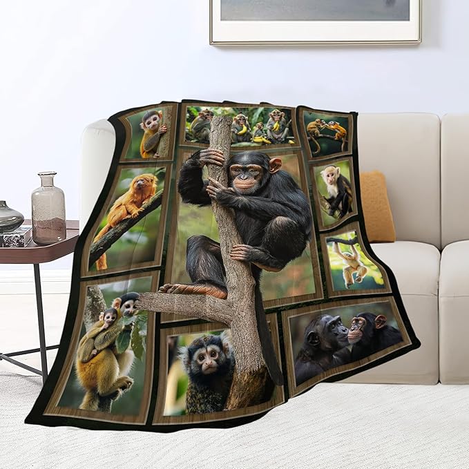 Monkey Blanket Chimpanzee Animal Throw Blankets Gifts for Girls Boys Kids Monkey Lover Soft Cozy Fleece Plush for Couch Sofa Bed 50"x40"