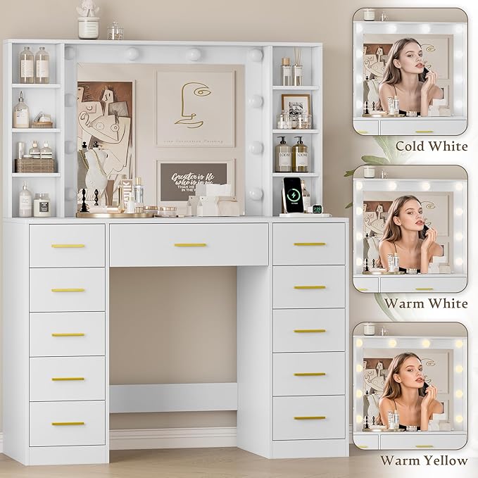 Makeup Vanity with Drawers, 43" White Vanity Desk with Mirror and Lights, 11 Drawers & 4 Shelves, Power Outlet & Adjustable LED Lights, Dressing Table for Women & Girls Bedroom