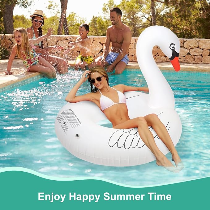 Inflatable Swan Pool Floats with Colorful Lights, FlyfreeU Solar Powered LED Color Changing Swan Swim Tube Rings, 42 Inch Large Pool Beach Floaties Lake Beach Floaty Summer Pool Raft Lounge for Adults