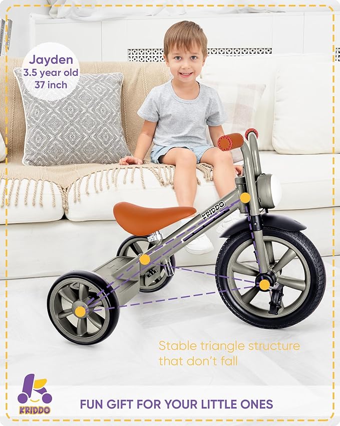 KRIDDO Kids Tricycles Age 2 Years to 5 Years, 12 Inch Puncture Free Rubber Wheel w Front Light, Kids Trike for 2.5 to 5 Year Old, Gift Toddler Tricycles for 2-5 Year Olds, Trikes for Toddlers, Grey