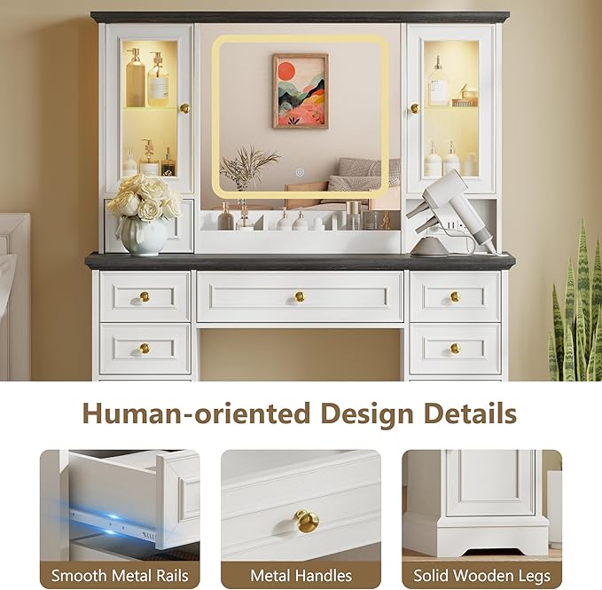 43'' Makeup Vanity with Mirror and Lights, Farmhouse Vanity Desk with Drawers & Charging Station, 3 Lighting Modes & Adjustable Brightness, Glass Cabinet, Dressing Table for Bedroom, White