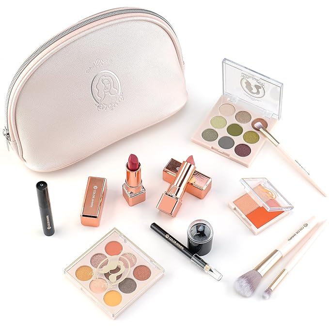 Color Nymph All In One Makeup Kit For Teens Girls | Starter Make up Set With Cosmetics Bag | Included Eyeshadow Blush Lipstick Lip Pencil Eye Pencil Brush Mascara | Travel Makeup Bag Design（ White ）