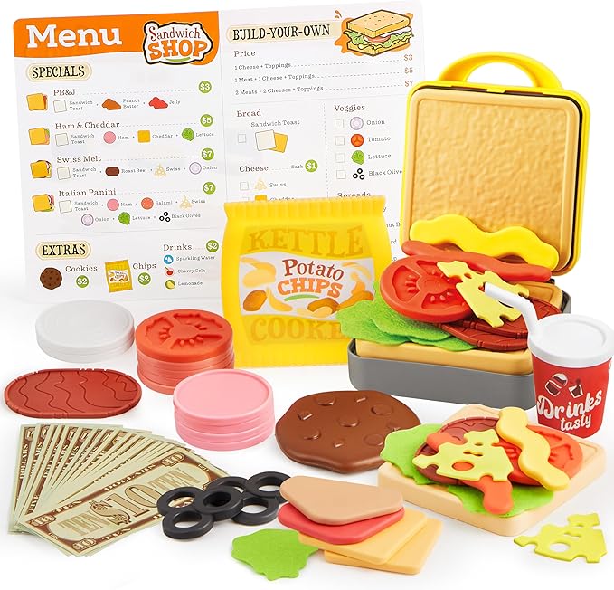 Play Food Toy for 3 4 5 6 Year Old Kids, 35 Pcs Play Kitchen Accessories, Interactive Panini Sandwich Making Toy with Menu and Play Money, Restaurant Pretend and Play Toy for Girls Boys Birthday Gift
