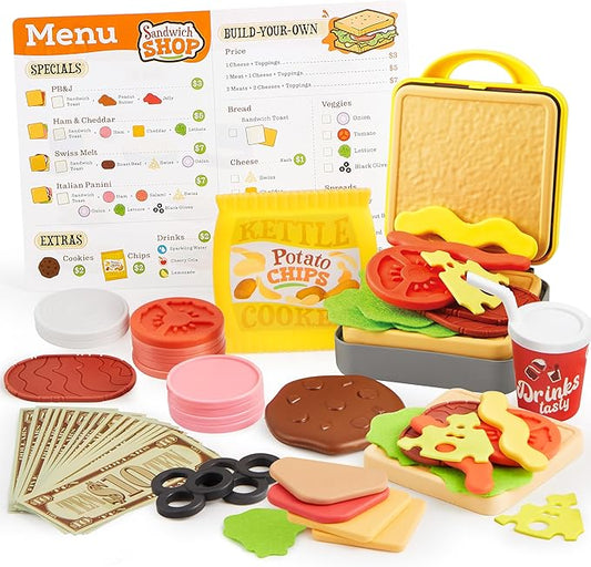 Play Food Toy for 3 4 5 6 Year Old Kids, 35 Pcs Play Kitchen Accessories, Interactive Panini Sandwich Making Toy with Menu and Play Money, Restaurant Pretend and Play Toy for Girls Boys Birthday Gift