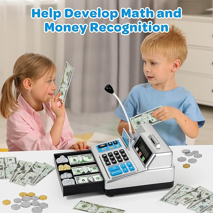 Calculator Cash Register Toy Gift for Kids Age 3, 4, 5, 6, 7, 8+ Year Old, 103 Pcs Pretend Grocery Store Playset with Toy Cash, Microphone, Credit Card, Play Cash Register for Toddlers 4-8, Silvery