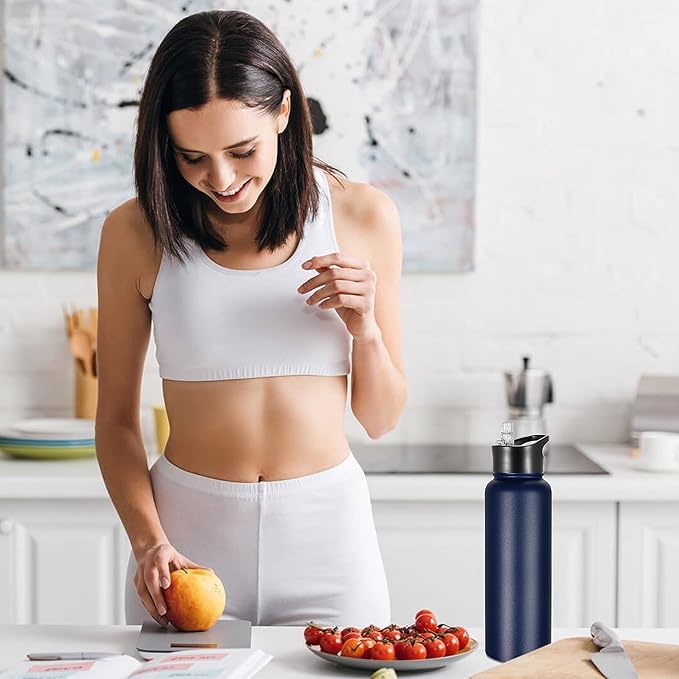 VEGOND 40 oz Insulated Stainless Steel Metal Water Bottle with Leak Proof Straw Lid & Spout Lid, Wide Mouth Double Walled Vacuum Travel Sports Bottle, Navy Blue