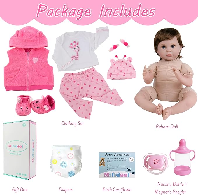 Milidool Lifelike Reborn Baby Dolls Girl, 22 inch Realistic Silicone Baby Doll Weighted Soft Body Baby Doll Real Life Baby Dolls with Accessories for 3+ Year Old Girls Gifts, Pretend Play, Collection