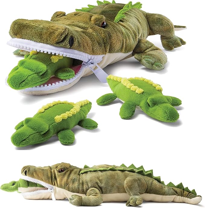 PREXTEX Stuffed Alligator Toy with 3 Baby Alligators - Alligator Plush Mommy with 3 Zippered Stuffed Alligator Babies, Ideal Stuffed Animal for Boy or Girl Playtime - 3-5 Years