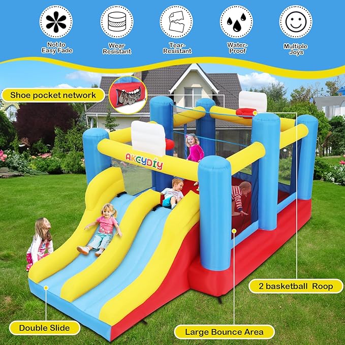 Big Bounce House for Kids 8-12 Girls/Boys Gifts, 15ft Ball Game Inflatables Bouncy House with Double Slide 3-12 Bouncy Castle with Blower, Jump House with Slide, Double Basketball Hoop
