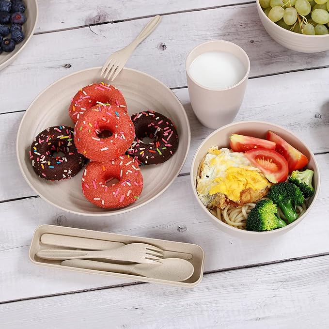 Wheat Straw Dinnerware Sets for 4, Wheat Straw Plates and Bowls Sets Kitchen Dishes 28pcs College Dorm Room Essentials Cutlery Set Microwave Safe (Beige)