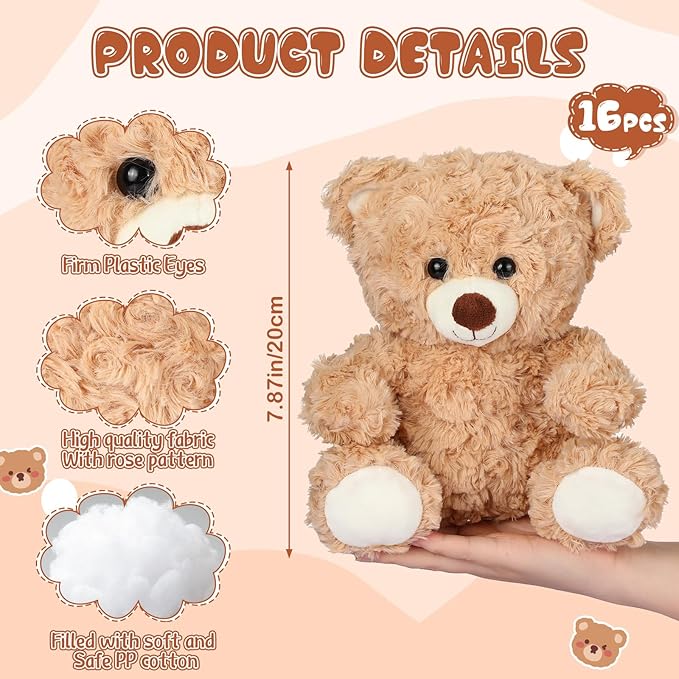 16 Pieces 8 Inch Bear Stuffed Animal Bulk for Birthday Baby Shower Soft Stuffed Bear Plush Toys Party Favors Animal Decorations for Christmas Party Gifts Supplies