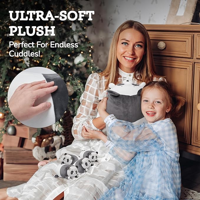 PixieCrush Panda with Puppies Plush Toy Set - Super Soft Plush Material - Includes Mommy Panda with 4 Removable Puppies - Black White - Perfect Toy for Girls