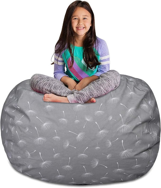 Posh Creations Kids Stuffed Animal Storage Bean Bag Chair Cover - Childrens Toy Organizer, X-Large-48in, Canvas White Dandelions on Gray