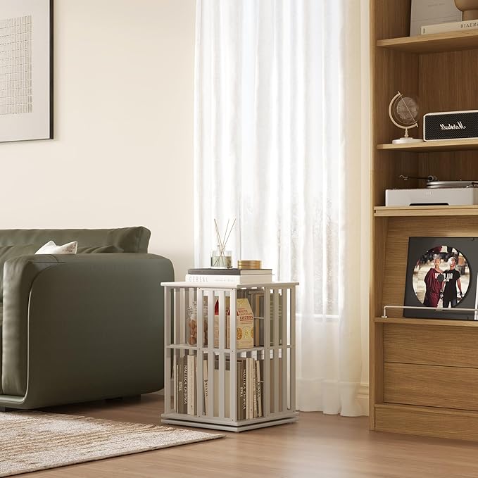 YOWOS Rotating Bookshelf Tower, 360 Display Spinning Bookcase, Bamboo Bookshelf Floor Standing Storage Rack, Wood Narrow Book Shelf Organizer for Kids&Adults (White, 2 Tier)