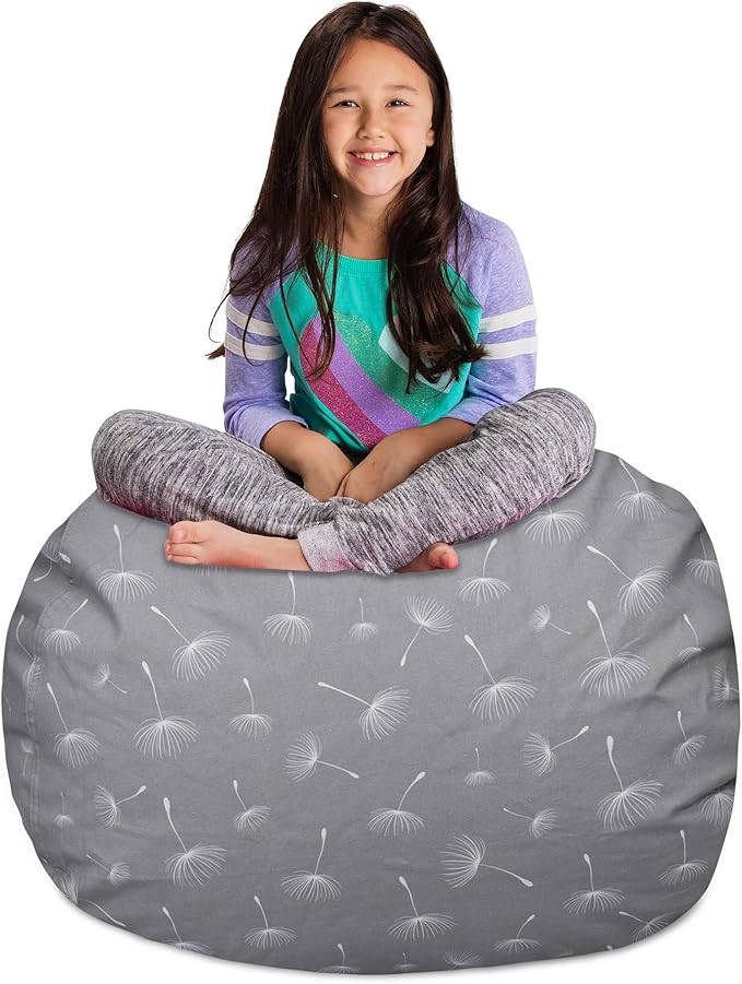 Posh Creations Kids Stuffed Animal Storage Bean Bag Chair Cover - Childrens Toy Organizer, Large-38in, Canvas White Dandelions on Gray