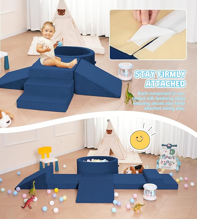 Foam Climbing Blocks with Ball Pit & Stairs for Toddlers Aged 1-3 -Soft Playset for Indoor Crawling, Foam Playground Set for Baby to Active Playing Inside -(Balls NOT Included),Navy