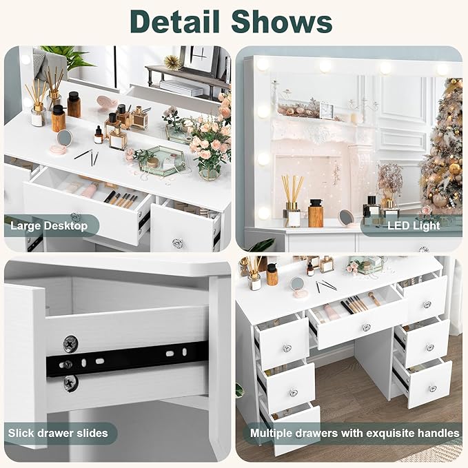 White Vanity Desk with Large Lighted Mirror, 39.4''W Makeup Vanity Desk with Lighted Mirror, Drawers, 3-Color Adjustable Brightness, Big Vanity Desk Dressing Table for Bedroom, Girls, Women Gifts