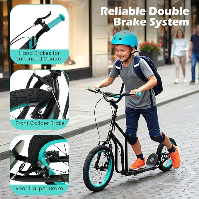 GYMAX Youth Scooter, Height Adjustable Kick Scooters with Extra Large Inflatable 16” Front & 14” Rear Wheels, Dual Hand Brakes & Kickstand, Heavy Duty Scooter for Teens Adults