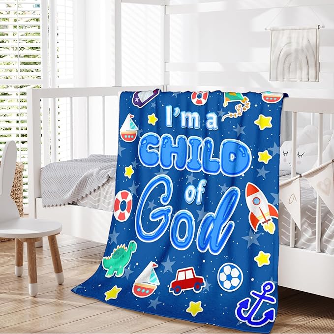 Boys Blanket Gifts Christian Blankets for Kids Teens Adults - 60" x 80" Blue Cute Soft Lightweight Flannel Throws for Couch, Sofa, Bed, Bedroom Decor - Christian Gift