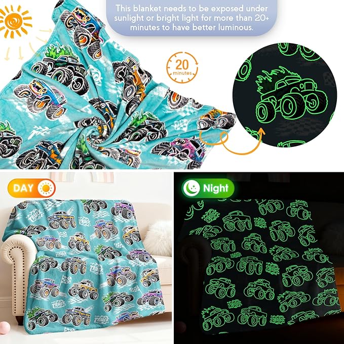 Jekeno Truck Glow in The Dark Blanket Gifts for Kids Girls Boys Teens Birthday Christmas Halloween Easter Excavator Construction Tractor Car Throw Age 1-16 Years Old Child Bedroom Decor Blue 50"x60"