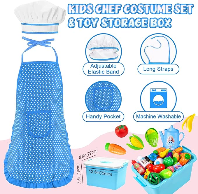 105Pcs Kids Kitchen Playset, Play Kitchen Accessories, Pretend Play Food Tea Party Set, Toy Kitchen Kids Cooking Real with Apron＆Chef Hat, Utensils Cookware, Toy Organizer, Birthday Gift for Toddler