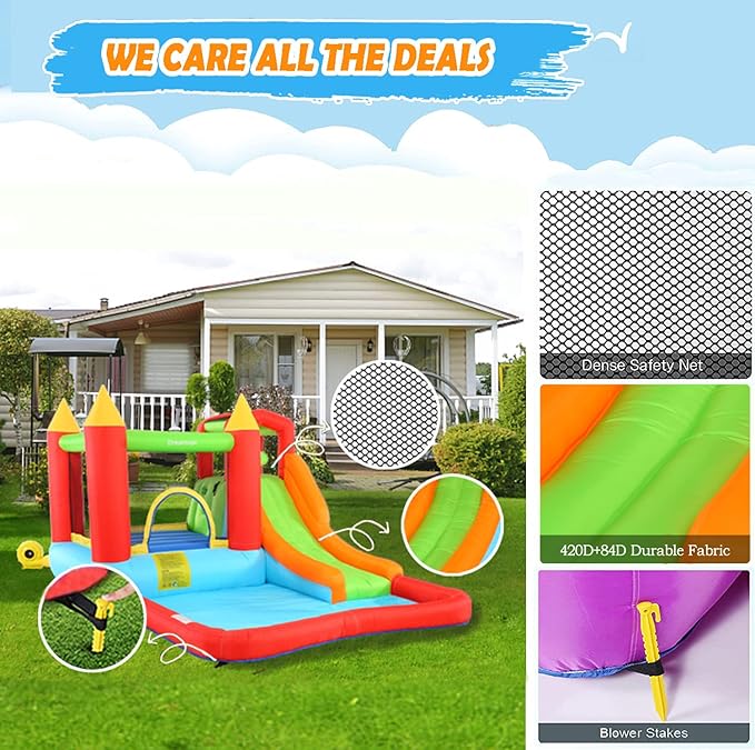 Bounce House,Inflatable Bounce Castle with Blower for Kids 3-12,Outdoor/Indoor Bouncy House Water Park for Backyard with Splash Slide,Climbing Wall,Ball Pit,Jumping Area (146" x 103" x 73")