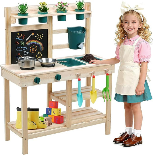 Kids Mud Kitchen Toy, Cedar Wood Outdoor Kitchen with Removable Sink, Planting Area, Simulated Stove, Double-Sided Chalkboard, and Storage Space | Backyard Role-Play Toy | Ages 3+