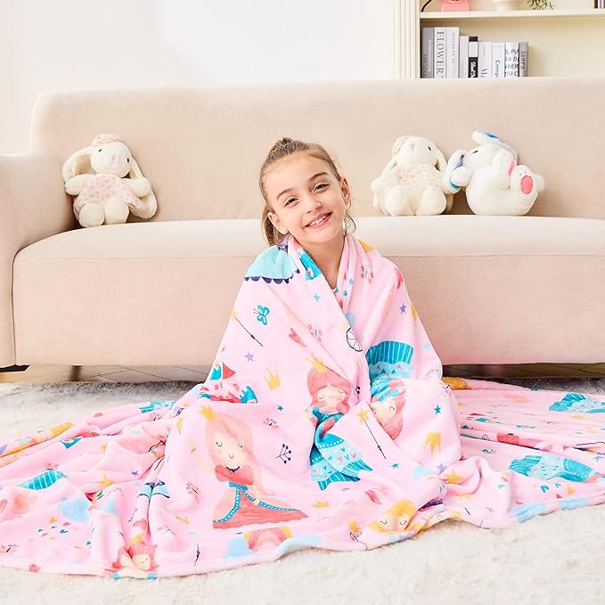Wajade Kids Pink Princess Blanket for Girls Soft Fleece Blanket for Couch Sofa Bedroom Princess Fairy Tales Castle Throw Blanket for Kids Teens 60"x80"