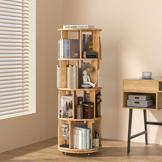 4-Tier Solid Wood Rotating Bookshelf on Wheels, 360° Spinning Book Shelf Tower, Round Revolving Bookcase Organizer, Rolling Bookshelves for Small Spaces, Corner, Bedroom, Kids Room, Office, Natural