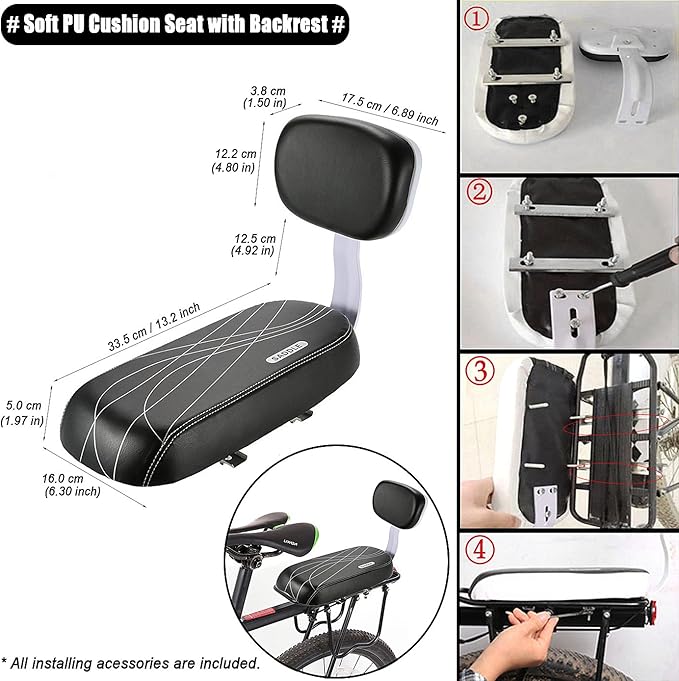 Bike Child Seat Kit, Included Bike Rear Seat Cushion with Safety Cycling Backrest + Backseat Armrest Handrail + Foldable Hidden Bicycle Footrests + Universal Handlebar Bell + Installing Tools