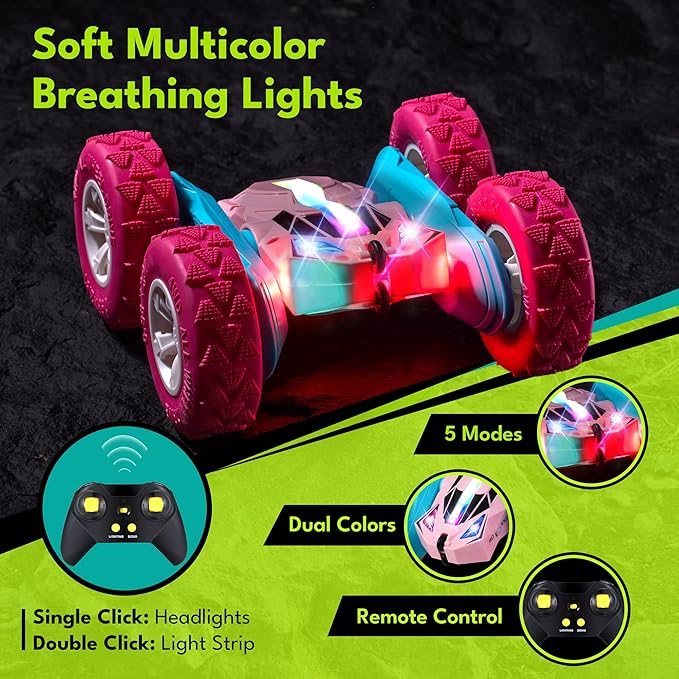 Threeking Remote Control Car RC Cars Toys for Boys Girls Ages 6-12, Upgraded USB-C Modular Batteries, 4WD Stunt Car with Breathing Soft Lights, Double-Sided Driving & 360° Flips, Presents Gifts, Pink