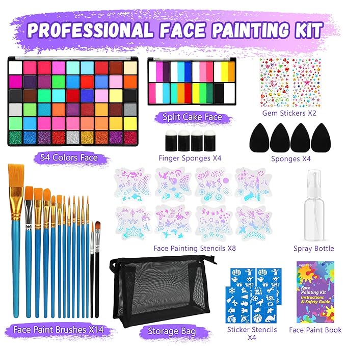 54 Colors Face Painting Kit for Kids,18 Colors Split Cake Water Activated Face Paint Palette, Body Paint for Adults, Non Toxic Makeup Professional for Halloween,Christmas,Cosplay,Parties, Birthdays