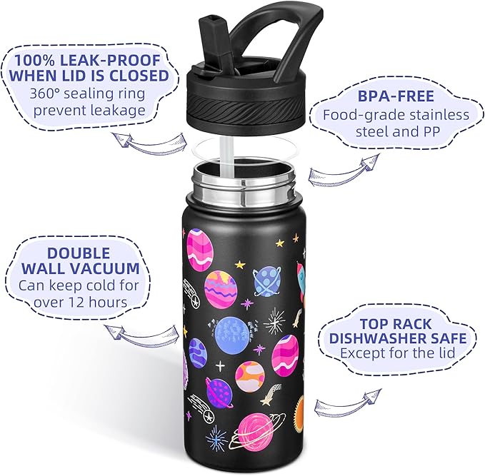 Fanhaw 18 Oz Kids Insulated Water Bottle with Straw - Stainless Steel Double Wall Vacuum Cup, Leakproof, BPA Free, Suitable for Boys and Girls(Black - Solar System)