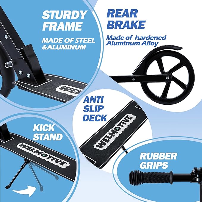 Kick Scooter for Kids Ages 6+, Teens & Adults, Adjustable Handlebars, Rear Brake, Big Wheel Foldable Scooter for Indoor & Outdoor