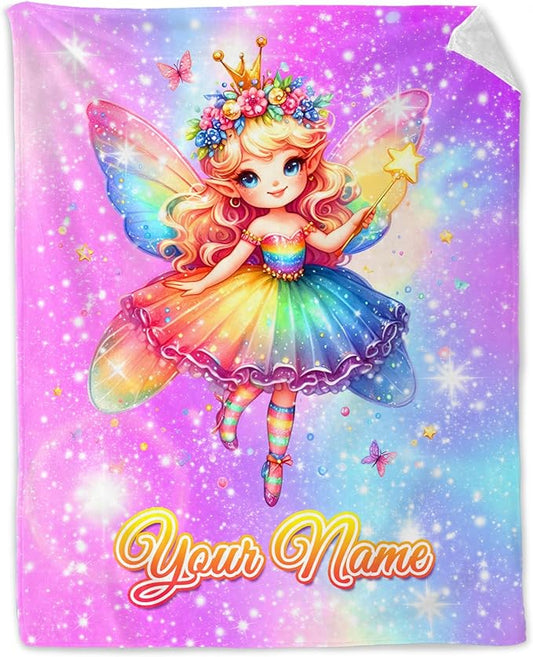 Personalized Blanket for Girls, Kids - Fairy Blankets Pink Cute Lightweight Throw Decor Gifts for Couch, Bed & Travel