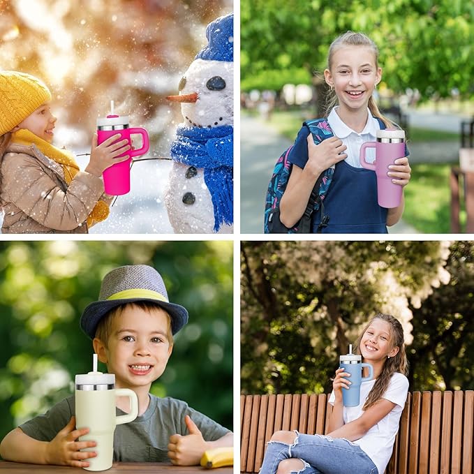 14 oz Tumbler with Handle and Straw, 14oz Tumbler with Lid and Straw for Kids Stainless Steel Tumblers, Car Mug Outdoor Sports Travel Gift, Keeps Drinks Cold up to 24 Hrs(White)