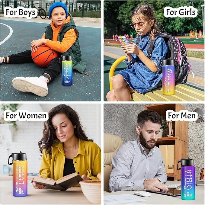 Personalized Water Bottles for Kids with Name for School Customized Christmas Birthday Gifts for Boys Girls Custom Sport Stainless Steel Cup with Straw Lid 18oz for Men Women
