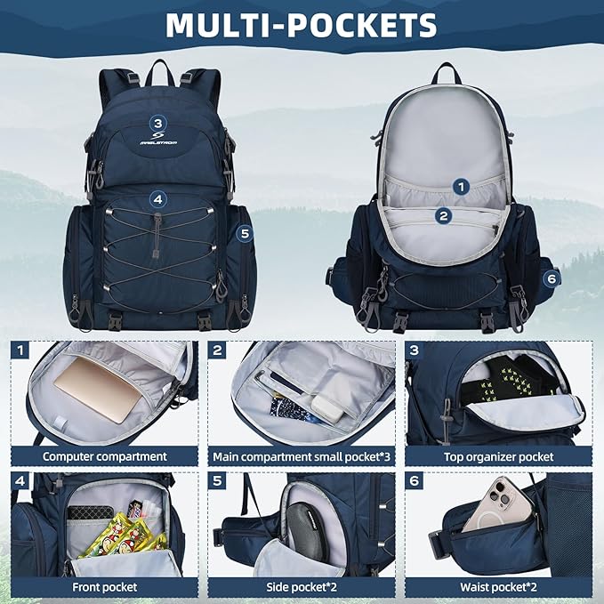 Maelstrom Hiking Backpack, 40L Waterproof Camping Daypack for Men and Women, Lightweight Travel Pack with Rain Cover-Blue