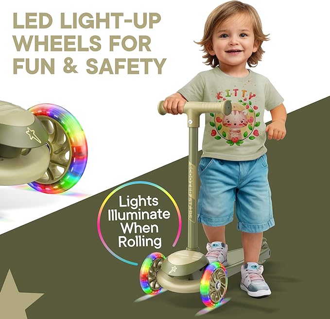 3 Wheel Scooter for Kids, Smooth Light Up LED Front Wheels, Wide Anti Slip Deck, Rear Foot Brake, Easy Lean to Steer Maneuvering, Indoor & Outdoor Ride On Toys for Ages 2 Up
