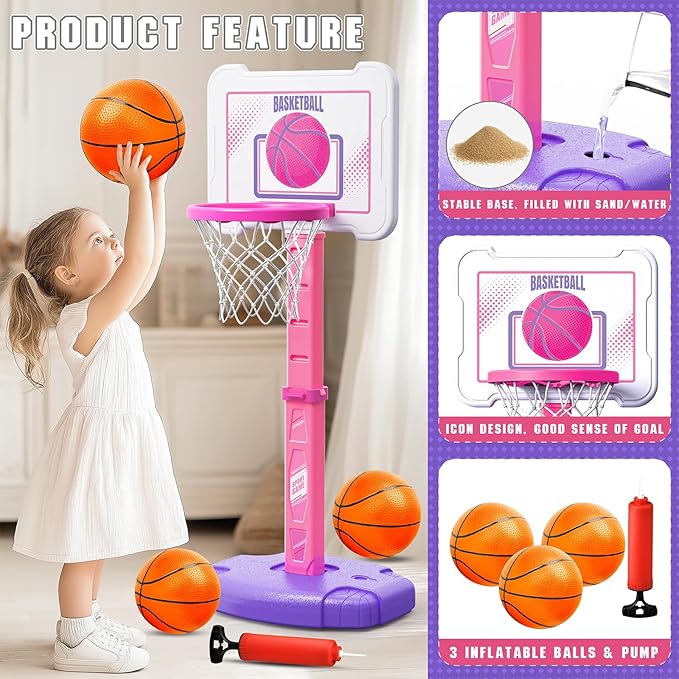 Toddler Basketball Hoop Indoor for Age 1-3, Height Adjustable Poolside Basketball Hoop with 3 Balls, Mini Basketball Hoop Sport Toys Birthday for Toddler Girl 1 2 3 4 Year, Pink
