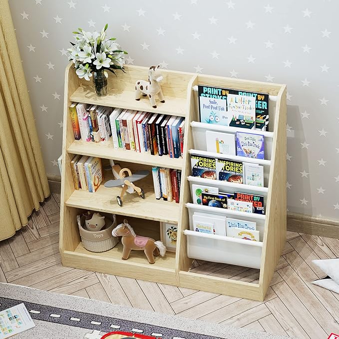 4 Tier Kids Wooden Bookshelf,Five Layer Sling Children Bookcase,Baby Storage Book Rack,Book and Toy Organizer Cabinet Chest,Book Display Shelf,Playroom Nursery Classroom Library
