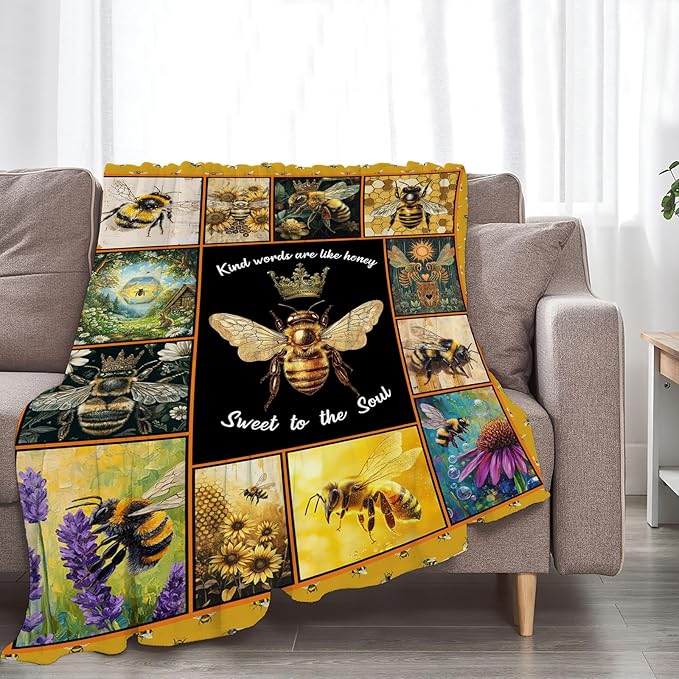 Bee Blanket Ultra Soft Cozy Bee Queen Throw Blanket Fleece Fuzzy Plush Bee Honey Blanket Decor Gifts for Women Girls Adults Couch Sofa 80"x60"