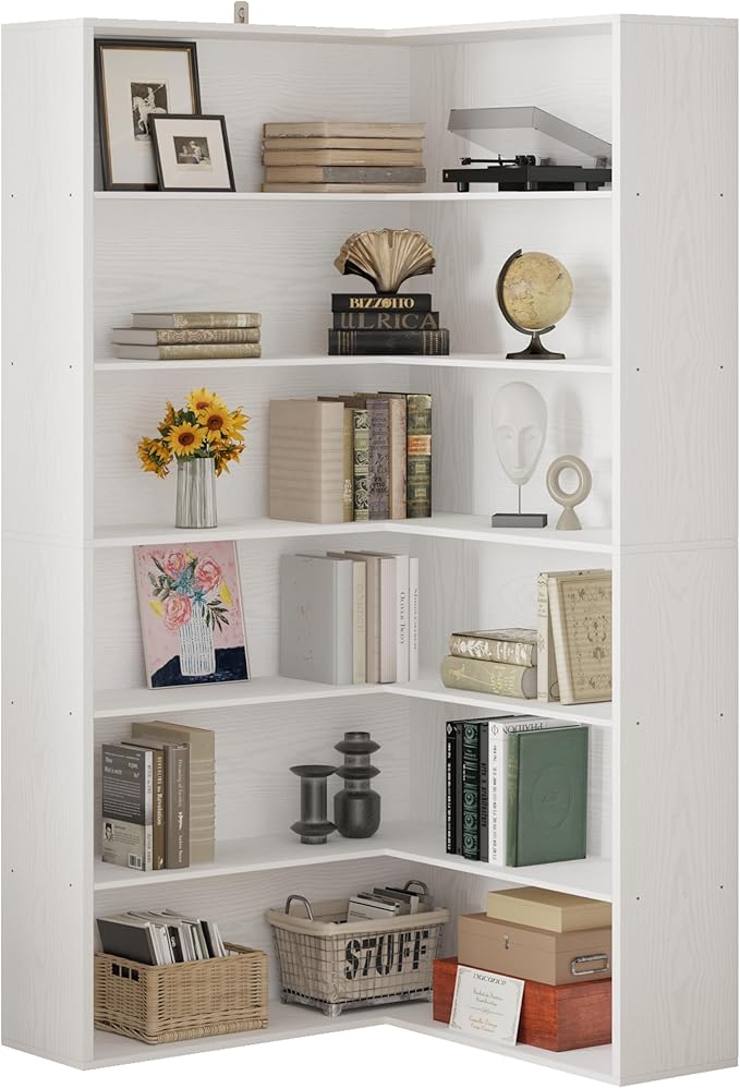 ANCTOR Corner Bookshelf, 6 Tiers Corner Bookcases with Baffles Etagere Shelf Storage Rack for Living Room Home Office, White