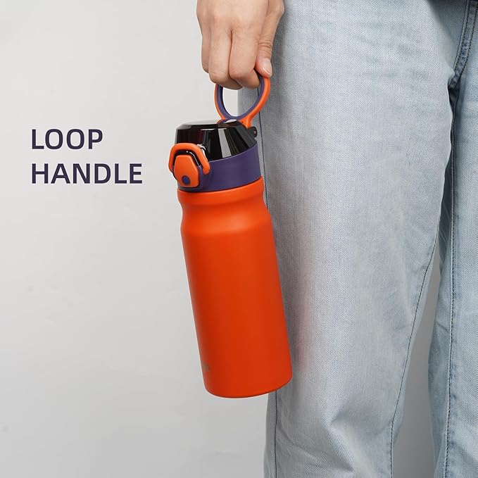 Insulated Water Bottle with Straw and Carry Loop,18 oz Stainless Steel Double Wall Vaccum Metal Water Flask with Leak-proof Lid,Orange